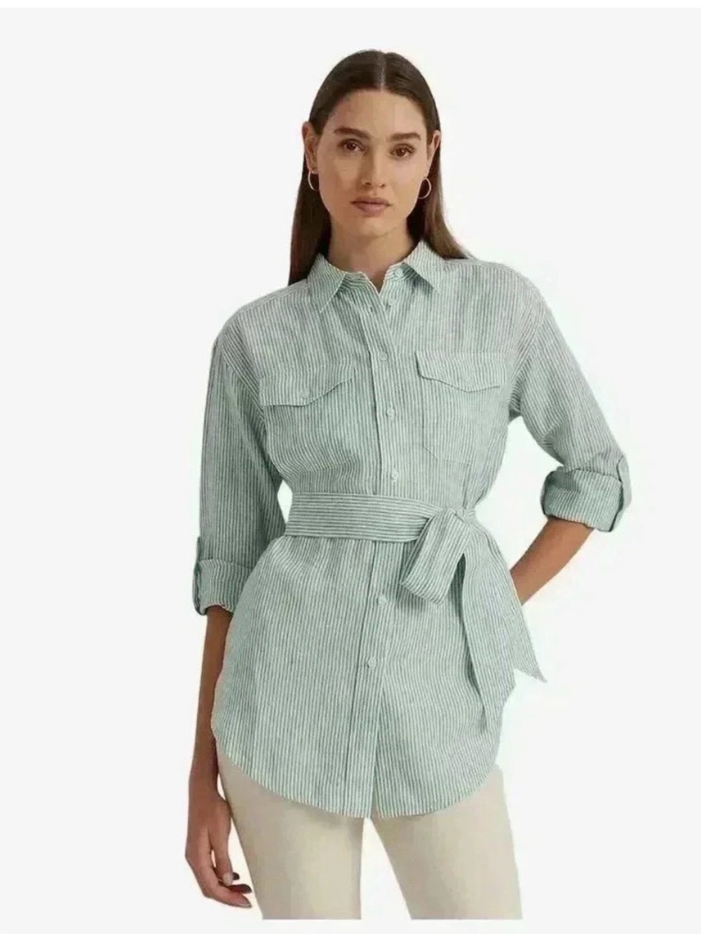 LAUREN RALPH LAUREN Resort Vacation Coastal 100% Linen Belted Tunic Top Size XXL